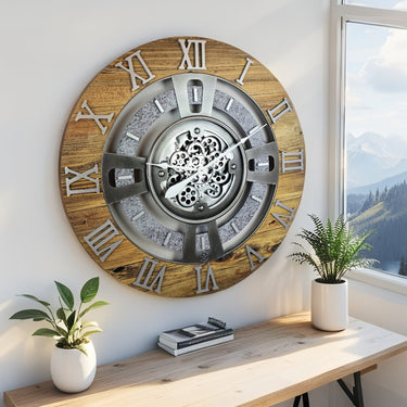 ENGLAND LINE WALL CLOCK ROUND 24 INCH WOOD & STONE