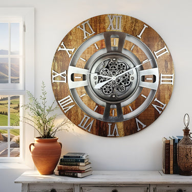 ENGLAND LINE WALL CLOCK ROUND 24 INCH VINTAGE BROWN