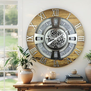 ENGLAND LINE WALL CLOCK ROUND 24 INCH WOOD & STONE
