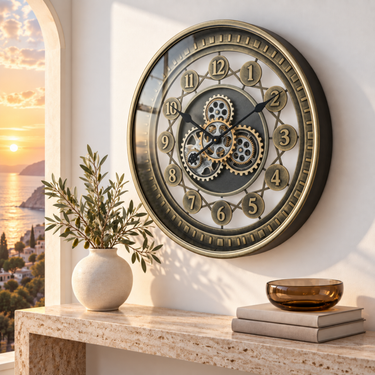 NORWAY LINE WALL CLOCK ROUND 24 INCH "KRISTIANSAND" BRASS-GOLD