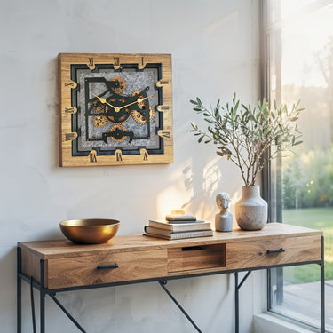 CANADA LINE DESK CLOCK SQUARE (HYBRID WALL) 10 INCH WOOD & STONE