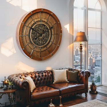 FRANCE LINE WALL CLOCK ROUND 32 INCH VINTAGE BROWN