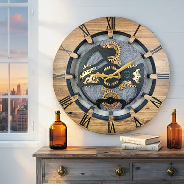 CANADA LINE WALL CLOCK ROUND 24 INCH WOOD & STONE