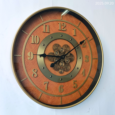 SWEDEN LINE WALL CLOCK ROUND 24 INCH "MALMO" LEATHER BROWN-GOLD