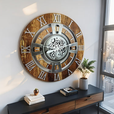 ENGLAND LINE WALL CLOCK ROUND 36 INCH VINTAGE BROWN