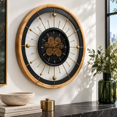 SPAIN LINE WALL CLOCK ROUND 32 INCH "BARCELONA" BLACK AND WOOD