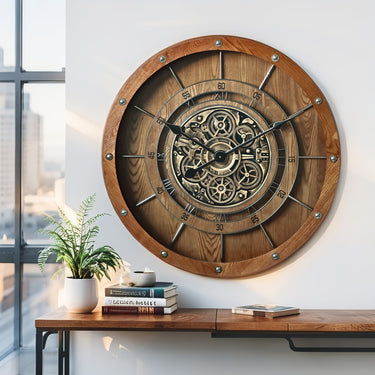 FRANCE LINE WALL CLOCK ROUND 32 INCH VINTAGE BROWN