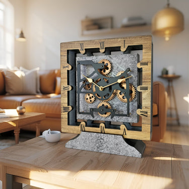 CANADA LINE DESK CLOCK SQUARE (HYBRID WALL) 10 INCH WOOD & STONE