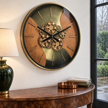 SWEDEN LINE WALL CLOCK ROUND 22 INCH "STOCKHOLM" LEATHER BROWN-GOLD