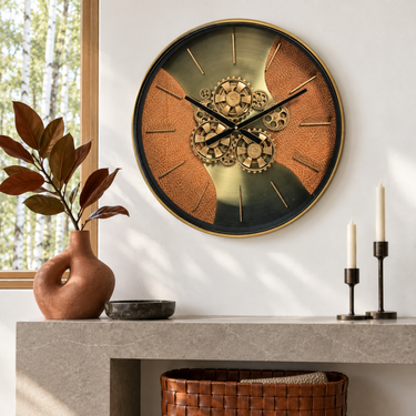SWEDEN LINE WALL CLOCK ROUND 22 INCH "STOCKHOLM" LEATHER BROWN-GOLD
