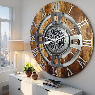 ENGLAND LINE WALL CLOCK ROUND 36 INCH VINTAGE BROWN