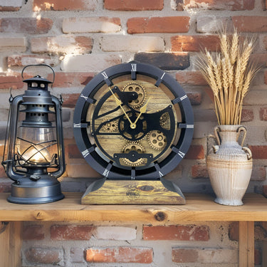 HORLOGE DE BUREAU/MURALE CONVERTIBLE AVEC VRAIS ENGRENAGES MOBILES 10 POUCES OR ANTIQUE