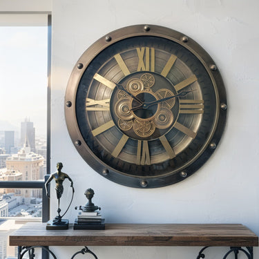 GERMANY LINE WALL CLOCK ROUND 26 INCH "BERLIN" GREY-COPPER"