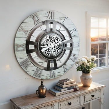 ENGLAND LINE WALL CLOCK ROUND 24 INCH WHITE FARMHOUSE