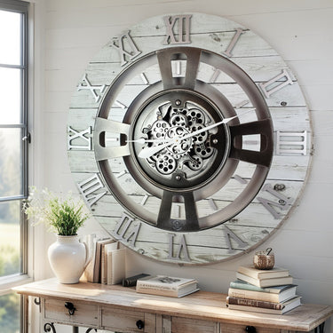 ENGLAND LINE WALL CLOCK ROUND 24 INCH WHITE FARMHOUSE
