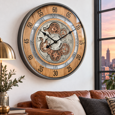 NORWAY LINE WALL CLOCK ROUND 24 INCH "BERGEN" BROWN-SILVER