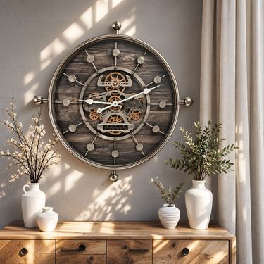 LUXEMBOURG LINE WALL CLOCK ROUND 27 INCH "SCHUSTERHAFF" BLACK-SILVER