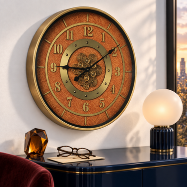 SWEDEN LINE WALL CLOCK ROUND 24 INCH "MALMO" LEATHER BROWN-GOLD