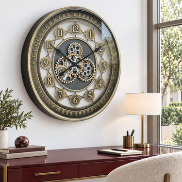 NORWAY LINE WALL CLOCK ROUND 24 INCH "KRISTIANSAND" BRASS-GOLD