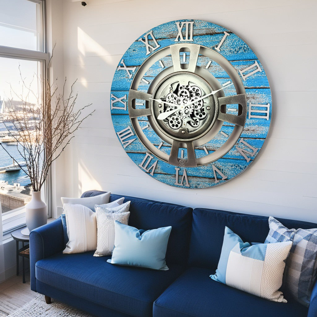ENGLAND LINE WALL CLOCK ROUND 36 INCH OCEAN BLUE – The Gears Clock