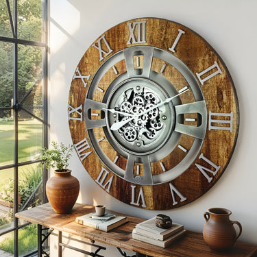 ENGLAND LINE WALL CLOCK ROUND 24 INCH VINTAGE BROWN