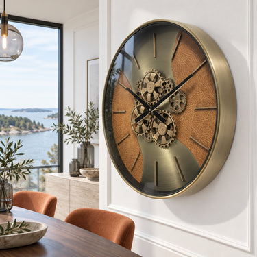 SWEDEN LINE WALL CLOCK ROUND 22 INCH "STOCKHOLM" LEATHER BROWN-GOLD