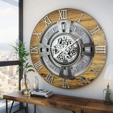 ENGLAND LINE WALL CLOCK ROUND 24 INCH WOOD & STONE