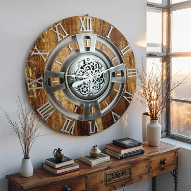 ENGLAND LINE WALL CLOCK ROUND 24 INCH VINTAGE BROWN