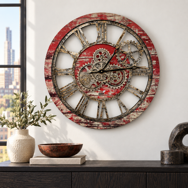 HORLOGE MURALE AVEC VRAIS ENGRENAGES MOBILES 24 POUCES ROUGE LAVE