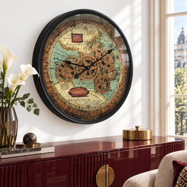 PORTUGAL LINE WALL CLOCK ROUND 24 INCH "BRAGA" BLACK-ANTIQUE