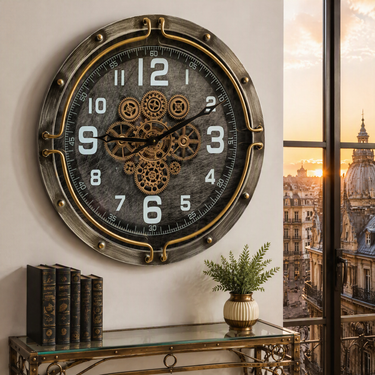 LUXEMBOURG LINE WALL CLOCK ROUND 24 INCH "RAMMELDANGE" SILVER-GREY