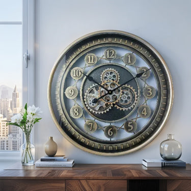 NORWAY LINE WALL CLOCK ROUND 24 INCH "KRISTIANSAND" BRASS-GOLD