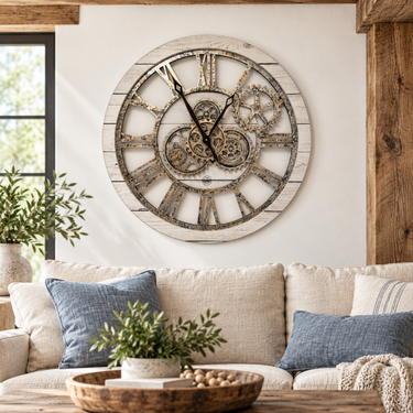 HORLOGE MURALE AVEC VRAIS ENGRENAGES MOBILES 24 POUCES BLANC FERME