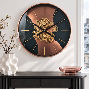 SWEDEN LINE WALL CLOCK ROUND 22 INCH "UPPSALA" LEATHER BLACK-PINK