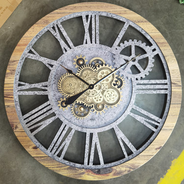 HORLOGE MURALE AVEC VRAIS ENGRENAGES MOBILES 36 POUCES BOIS ET PIERRE