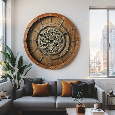 FRANCE LINE WALL CLOCK ROUND 32 INCH VINTAGE BROWN