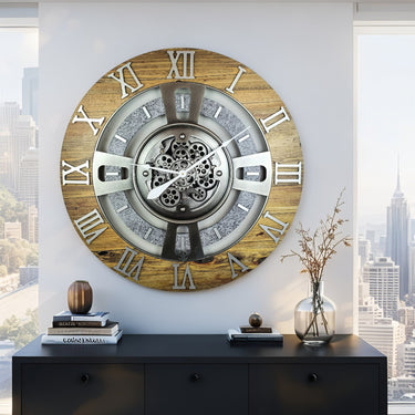 ENGLAND LINE WALL CLOCK ROUND 36 INCH WOOD & STONE