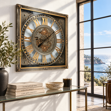 LUXEMBOURG LINE WALL CLOCK SQUARE 32 INCH "HAUPT" SILVER-ANTIQUE