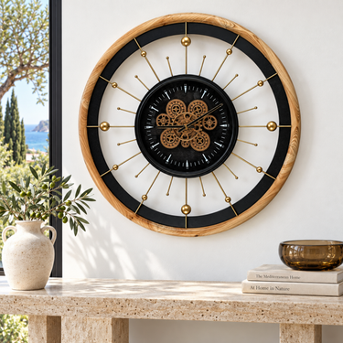 SPAIN LINE WALL CLOCK ROUND 32 INCH "BARCELONA" BLACK AND WOOD