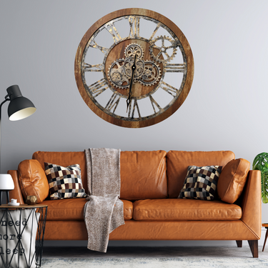 HORLOGE MURALE AVEC VRAIS ENGRENAGES MOBILES 24 POUCES MARRON VINTAGE