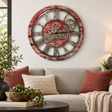 HORLOGE MURALE AVEC VRAIS ENGRENAGES MOBILES 24 POUCES ROUGE LAVE
