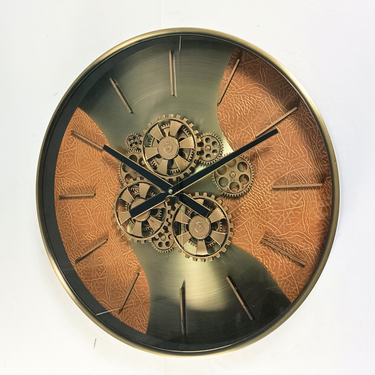 SWEDEN LINE WALL CLOCK ROUND 22 INCH "STOCKHOLM" LEATHER BROWN-GOLD