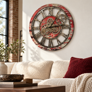 HORLOGE MURALE AVEC VRAIS ENGRENAGES MOBILES 24 POUCES ROUGE LAVE