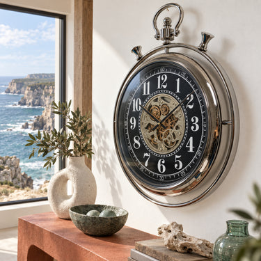 MONACO LINE WALL CLOCK ROUND 24 INCH "MONACO-VILLE" SILVER-BLACK