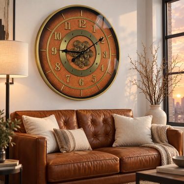SWEDEN LINE WALL CLOCK ROUND 24 INCH "MALMO" LEATHER BROWN-GOLD
