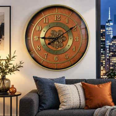 SWEDEN LINE WALL CLOCK ROUND 24 INCH "MALMO" LEATHER BROWN-GOLD