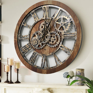 HORLOGE MURALE AVEC VRAIS ENGRENAGES MOBILES 24 POUCES MARRON VINTAGE