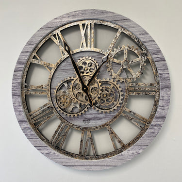 HORLOGE MURALE AVEC VRAIS ENGRENAGES MOBILES 24 POUCES GRIS ARGENT