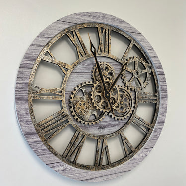 HORLOGE MURALE AVEC VRAIS ENGRENAGES MOBILES 24 POUCES GRIS ARGENT