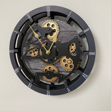 HORLOGE DE BUREAU/MURALE CONVERTIBLE AVEC VRAIS ENGRENAGES MOBILES 10 POUCES GRIS CARBONE